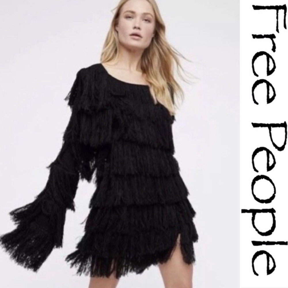 FREE PEOPLE Black Fringe Sweater Dress